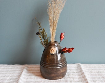 Handmade Carved Ceramic Frog Vase, 4.5 inches high, Wheel-Thrown Pottery, Dark Brown-Green Flower Frog Vase, Ceramic Art