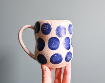 Handmade Ceramic Bubble Hourglass Curvy Shaped Mug, Blue Polka Dots, Wheel Thrown Pottery Coffee Tea Cup, Mugshot Monday, Modern Ceramics