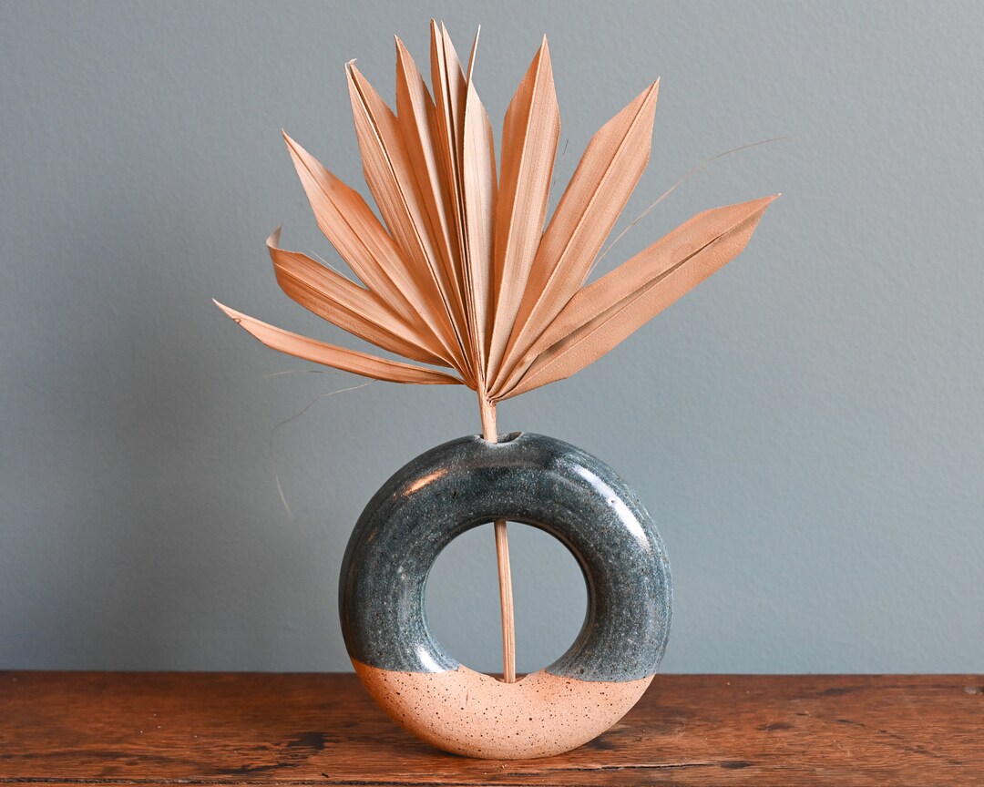 Handmade Slate Blue Ceramic Donut Vase, Circular Vase, 4.5 Inches High, Wheelthrown Pottery