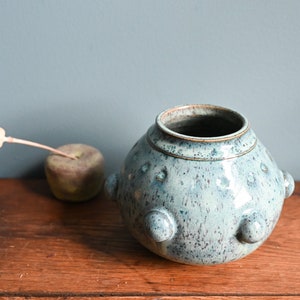 Blue Handmade Ceramic Moon Jar, 4.5 x 6, Wheel Thrown Pottery, Handmade Creative Ceramics, Brown Speckled Clay, Ceramic Art image 2