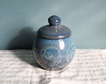 Handmade Blue Ceramic Lidded Jar with Swirls Design, 5.5 inches high, Wheel Thrown Pottery, Home Decor Ceramics, Creative Pottery, Clay Jar