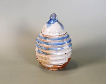 Handmade Blue and White Ceramic Lidded Jar, Soda Fired, 5.25 inches high