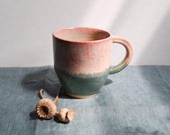 Handmade Ceramic Mug, Wheel Thrown Pottery Coffee Tea Cup, Turquoise and Pink Handmade Mug, Mugshot Monday, Modern Ceramics