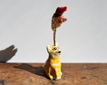 Small Ceramic Cat Sculpture Vase, 3 inches tall, Cat Dad Gift