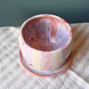 Pink Lavender and White Striped Planter, Planter with Attached Saucer, Handmade Ceramic Plant Pot, Drainage Holes, 3.5 inches tall image 2