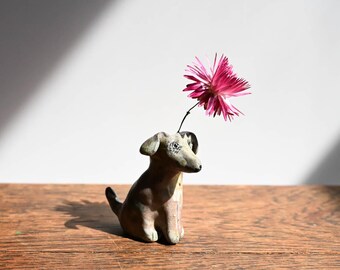 Small Ceramic Soda Fired Dog Bud Vase, Hound, Dog Mom Gift, 3 inches tall