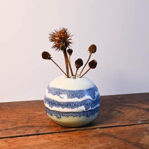 Puede incluir: Un pequeño jarrón de cerámica redondo con un diseño de rayas blancas y azules, que contiene flores marrones secas. El jarrón está sobre una superficie de madera, con un fondo blanco.