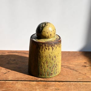 Wood Fired Ceramic Lidded Jar, Ash Glaze, Oversized Bubble Knob, Wheel Thrown Pottery