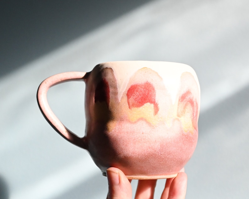 Handmade Ceramic Mug, White and Pink Swirled Design, 14 oz, Wheel Thrown Pottery Coffee Tea Cup, Mugshot Monday, Modern Ceramics image 2