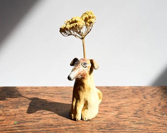 Small Ceramic Soda Fired Dog Bud Vase, Hound, Dog Mom Gift, 3.5 inches tall