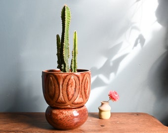 Brown and Cream Shino Two Part Ceramic Planter, 5.5 inches high, Planter and Saucer, Handmade, Wheel Thrown Plant Pot, Drainage Hole