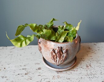 Light Blue Leaf Design Planter with Saucer, Handmade Ceramic Plant Pot, Drainage Holes, 4 inches tall, Potters Wheel Thrown