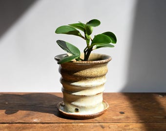 Handmade Carved Ceramic Planter, Soda Fired, Neutral Decor, 4 inches high