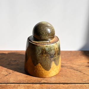Wood Fired Ceramic Lidded Jar, Green and Orange, Oversized Bubble Knob, Wheel Thrown Pottery