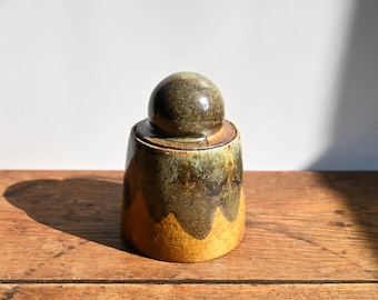 Wood Fired Ceramic Lidded Jar, Green and Orange, Oversized Bubble Knob, Wheel Thrown Pottery