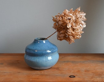 Handmade Ceramic Bud Vase, 3 inches high, Wheel-Thrown Pottery, Blue Ombre Glaze,  Curvy Bubble Vase, Ceramic Art