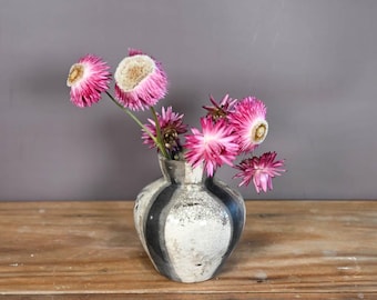 Handmade Raku Bud Vase, 4 inches tall, White,Crackle Glaze