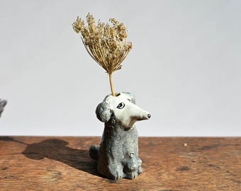 Handmade Ceramic Poodle Bud Vase, 3 inches tall, Dog Lover Gift
