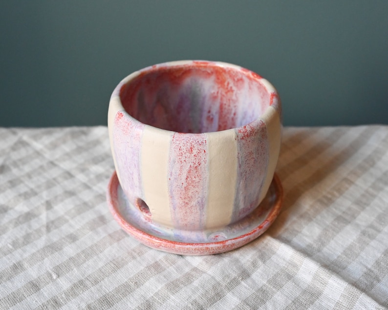 Pink Lavender and White Striped Planter, Planter with Attached Saucer, Handmade Ceramic Plant Pot, Drainage Holes, 3.5 inches tall image 3