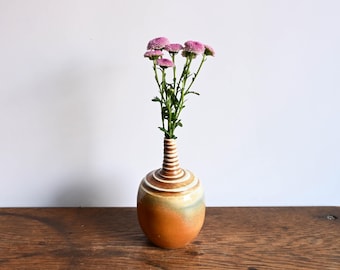 Wood Fired Porcelain Carved Bud Vase, 4.5 Inches Tall
