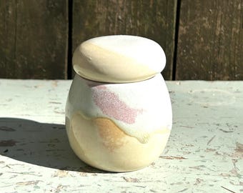 Small Soda Fired Fired Jar, 3 inches tall,  Wheel Thrown, White and Pink Jar, Alternative Firing, Wheel-Thrown, Handmade Pottery