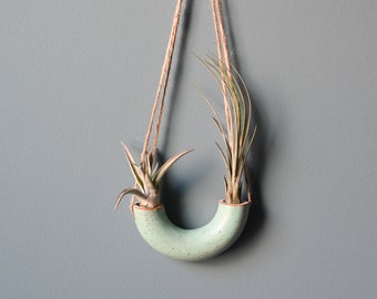 Small Handmade Ceramic Air Plant Holder, Hanging Planter, Wheel-Thrown Pottery, Light Green Hanging Pot, Half Donut Air Plant Vase