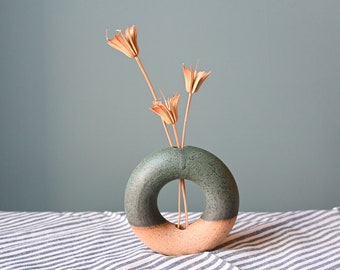 Handmade Jade Green Ceramic Donut Vase, Circular Vase, 4 inches high, Wheel-Thrown Pottery, Doughnut Vase, Handmade Pottery