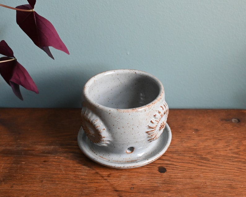 Light Blue Sunflower Planter with Attached Saucer, Handmade Ceramic Plant Pot, Drainage Holes, 3.5 inches tall, Potters Wheel Thrown image 3