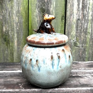 Handmade Blue Ceramic Lidded Jar with Sculpted Dog Knob, 5 inches high