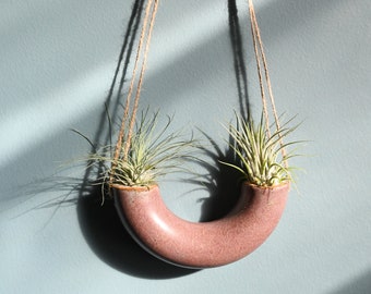 Small Handmade Ceramic Air Plant Holder, Hanging Planter, Wheel-Thrown Pottery, Purple, Eggplant Hanging Pot, Half Donut Air Plant Vase