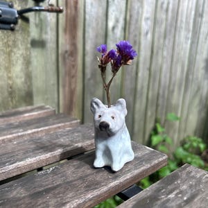 Small White Handmade Ceramic Dog Bud Vase, 2.25 inches tall, Hand Built Dog Sculpture, Mini Vase, French Bulldog