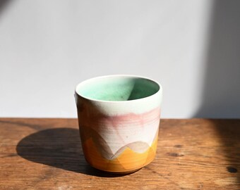 Porcelain Handmade Cup, Soda Fired, Orange and Pink Slips and Glaze