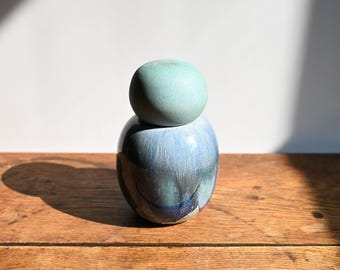 Handmade Ceramic Lidded Jar, Turquoise and Cobalt Blue, 5.75 inches high, Wood Fired