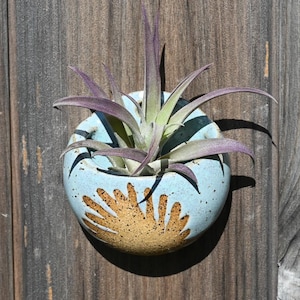 Small Handmade Ceramic Wall Vase, Wall Pocket, Wheel-Thrown Pottery, Light Blue Vase, Leaf Design Vase, Air Plant Holder Ceramic Art