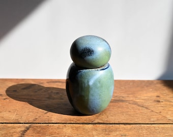 Handmade Ceramic Lidded Jar, Cobalt Blue and Green, 5.75 inches high, Wood Fired