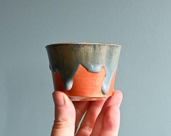 Small Porcelain Handmade Sipper Cup, Soda Fired, Blue Drippy Glaze