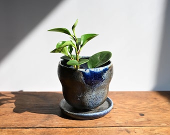 Handmade Blue Ceramic Planter, Wood Fired, 4 inches high