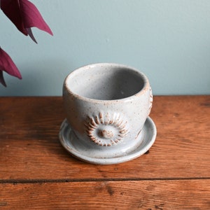 Light Blue Sunflower Planter with Attached Saucer, Handmade Ceramic Plant Pot, Drainage Holes, 3.5 inches tall, Potters Wheel Thrown image 2