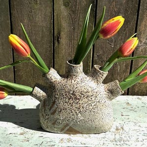 May include: A white ceramic vase with a speckled glaze and brown accents. The vase has five openings for flowers and is filled with yellow and red tulips.