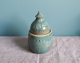 Handmade Aqua Green Ceramic Lidded Jar, Wheel Thrown Carved Clay Jar, Iridescent Glaze, Creative Pottery, Clay Jar