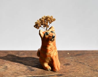 Small Ceramic Striped Cat Sculpture Vase, 3 inches tall, Cat Dad Gift