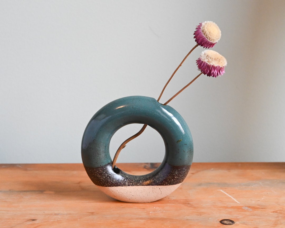 Handmade Ceramic Teal Donut Vase Wheel Thrown Circle Vase Etsy