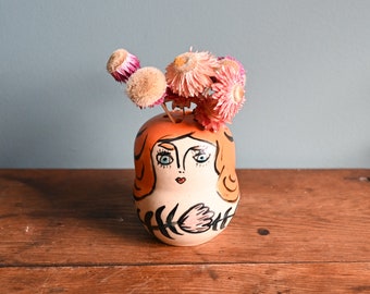 Handmade Whimsical Redhead Woman Ceramic Frog Vase, Face Vase, 4 inches high, Handmade Vase, Ikebana, Wheel-Thrown Pottery, Ceramic Art