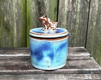 Handmade Purple and Blue Ceramic Lidded Dog Jar,  4.25 inches high