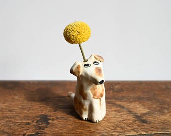 Small Ceramic Dog Bud Vase, Dog Mom Gift, 3 inches tall, White and Brown Terrier