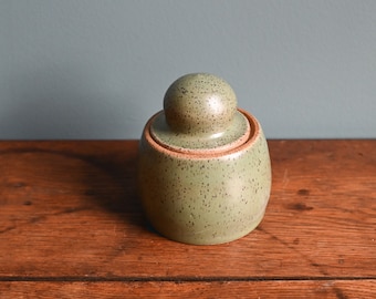 Handmade Green Ceramic Lidded Jar, Bubble Handled Jar, 4.25 inches high, Wheel Thrown Pottery, Home Decor Ceramics, Creative Pottery