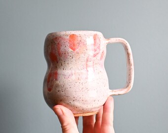 Handmade Ceramic Bubble Hourglass Curvy Shaped Mug, White with Orange and Pink, Wheel Thrown Pottery Mug, Mugshot Monday, Modern Ceramics