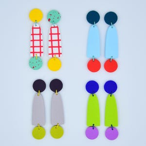 Lange geometrische Ohrringe aus Polymer Clay – handgefertigter Statement Schmuck. Mehrere Farboptionen