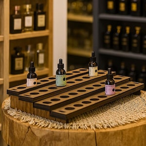 Essential oil holder wood, Essential oil organizer tray, Oil bottle stand for desk, Wood oil rack, Perfume sample storage tray