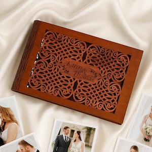 Custom wedding album, Wooden wedding photo album, Rustic engraved scrapbook, Personalized wedding book, Anniversary photo album gift